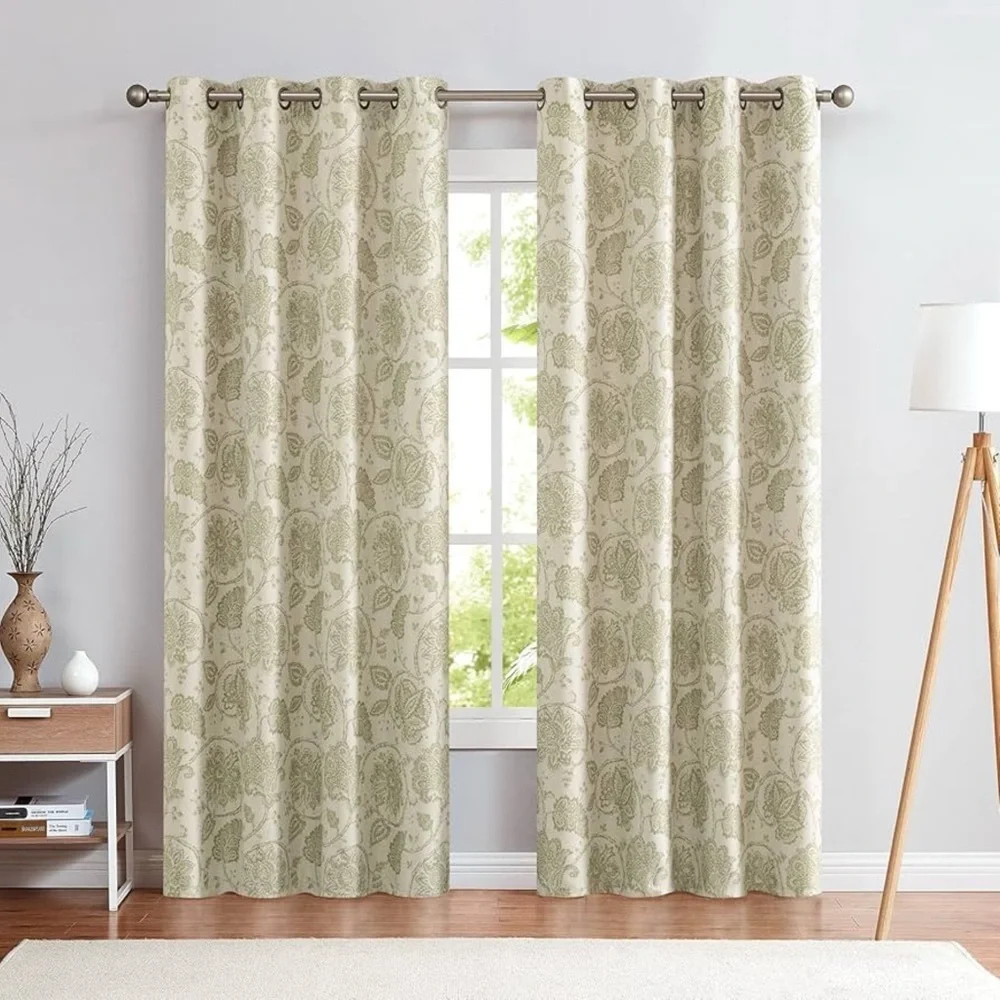 Pier 1 Imports Cream Sage Textured Paisley Grommet Elegant Curtain Panel 50x84”